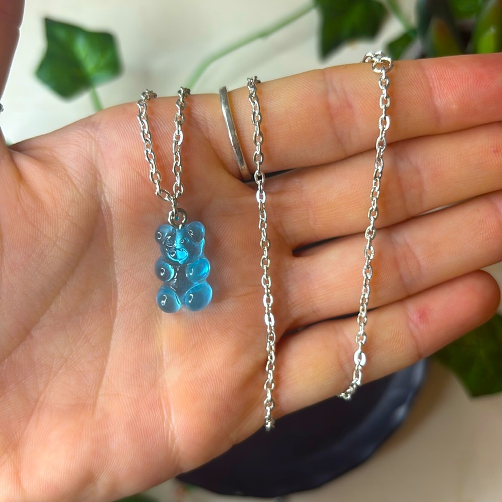 Cute blue gummy bear necklace handmade 8in can extend to 9 1/2